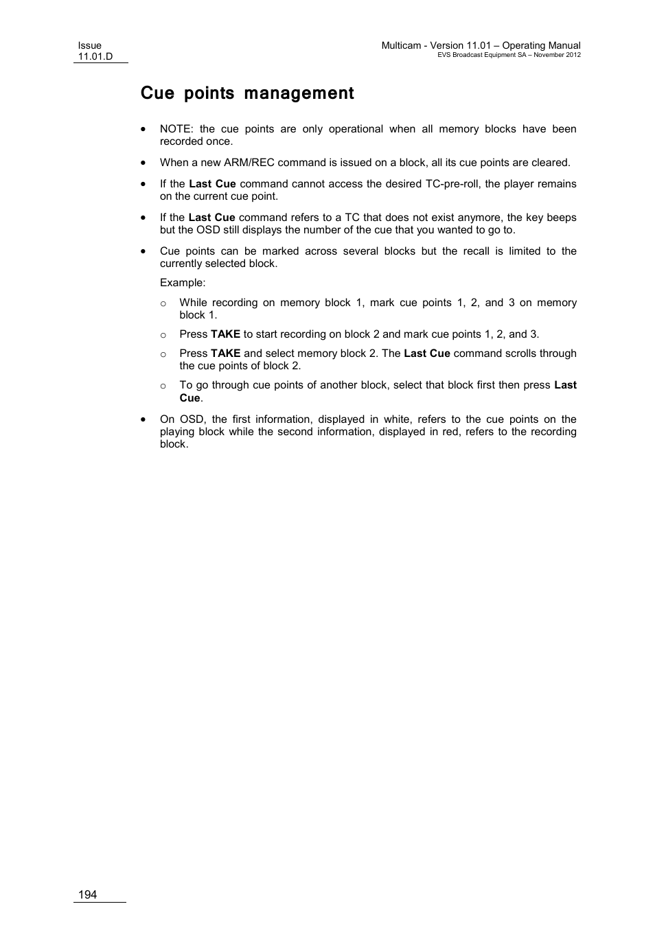 Cue points management | EVS XT3 MulticamLSM Version 11.01 - November 2012 Operation Manual User Manual | Page 204 / 209