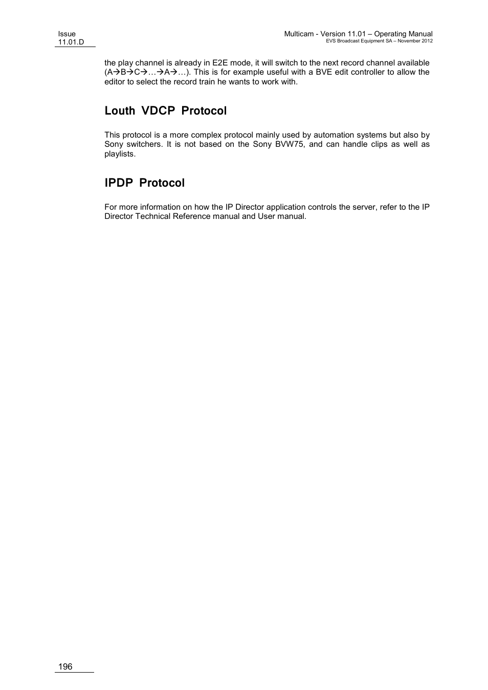 Louth vdcp protocol, Ipdp protocol | EVS XT3 MulticamLSM Version 11.01 - November 2012 Operation Manual User Manual | Page 206 / 209