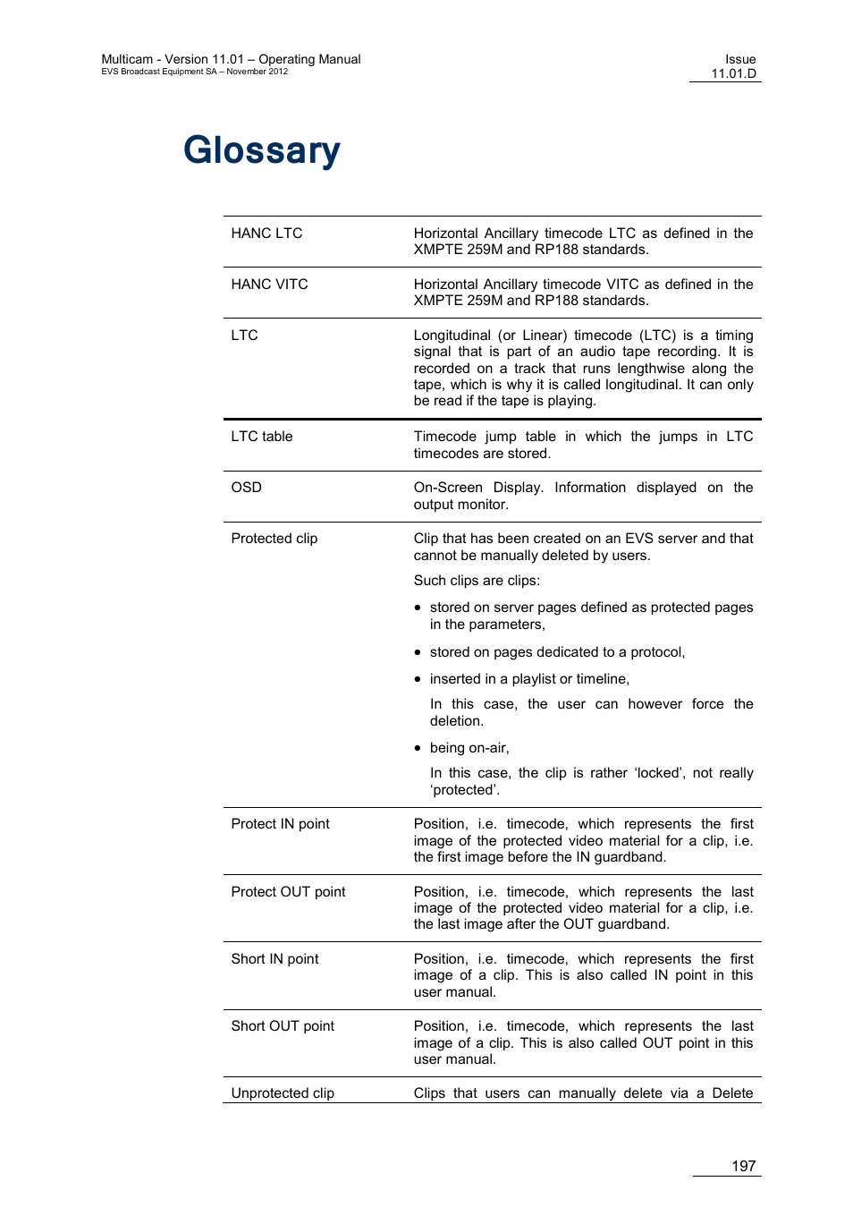 Glossary, Lossary | EVS XT3 MulticamLSM Version 11.01 - November 2012 Operation Manual User Manual | Page 207 / 209