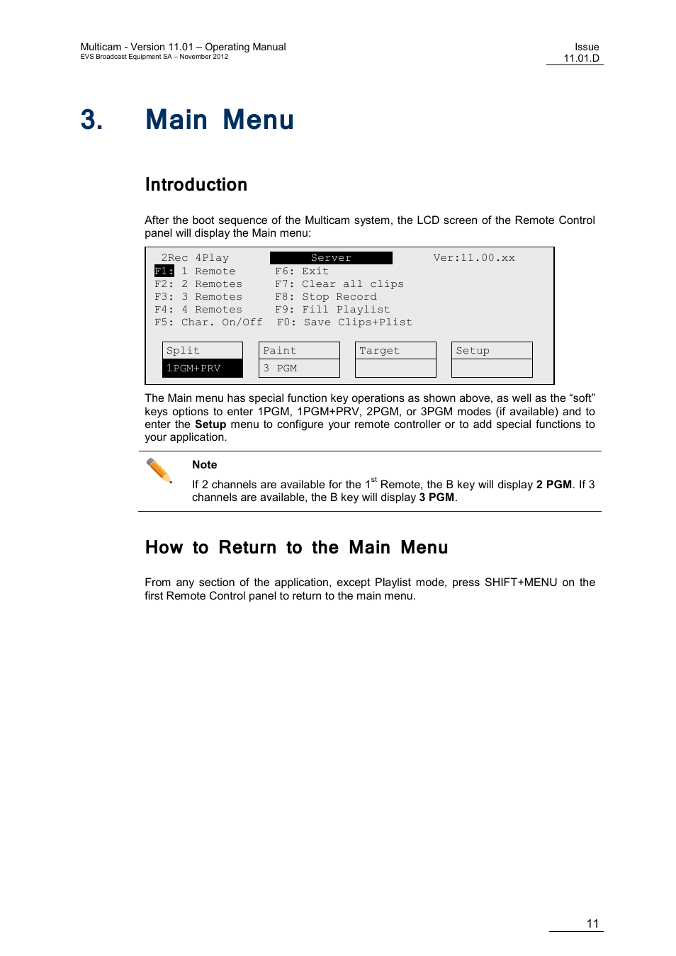Main menu, Introduction, How to return to the main menu | EVS XT3 MulticamLSM Version 11.01 - November 2012 Operation Manual User Manual | Page 21 / 209
