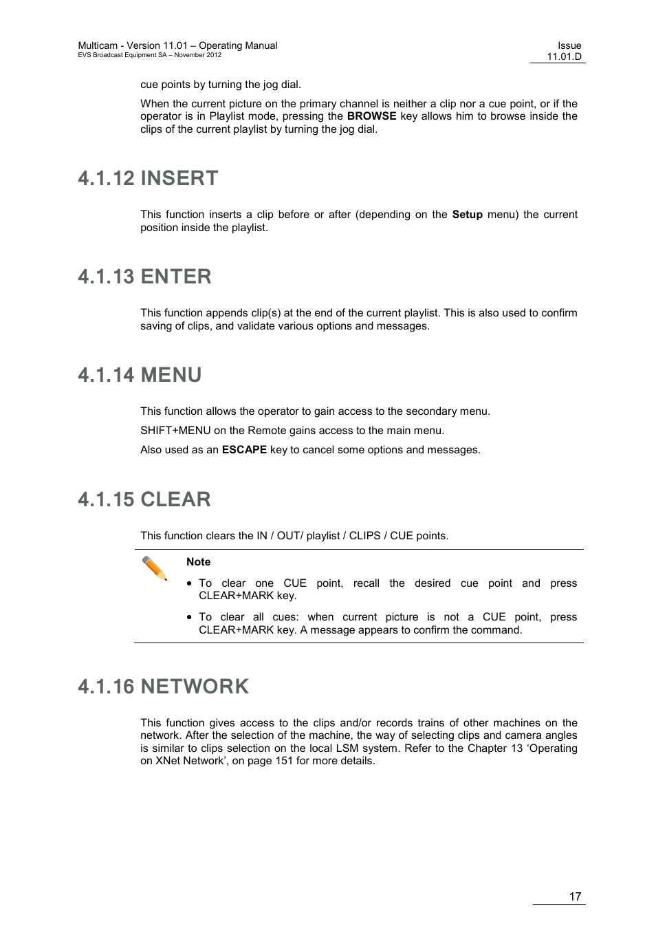 12 insert, 13 enter, 14 menu | 15 clear, 16 network, Insert, Enter, Menu, Clear, Network | EVS XT3 MulticamLSM Version 11.01 - November 2012 Operation Manual User Manual | Page 27 / 209