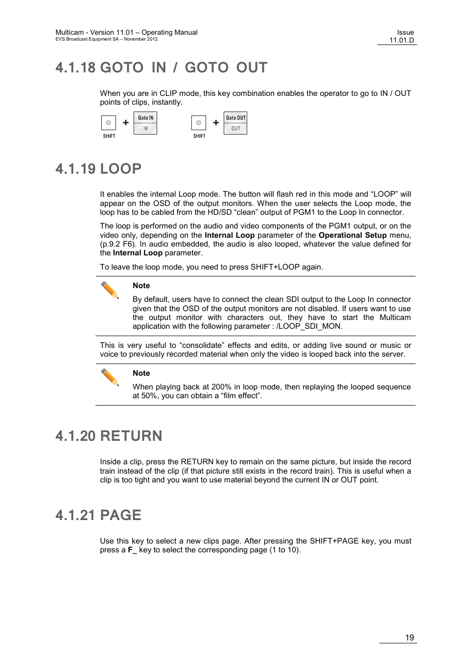 18 goto in / goto out, 19 loop, 20 return | Goto in / goto out, Loop, Return, 21 page | EVS XT3 MulticamLSM Version 11.01 - November 2012 Operation Manual User Manual | Page 29 / 209