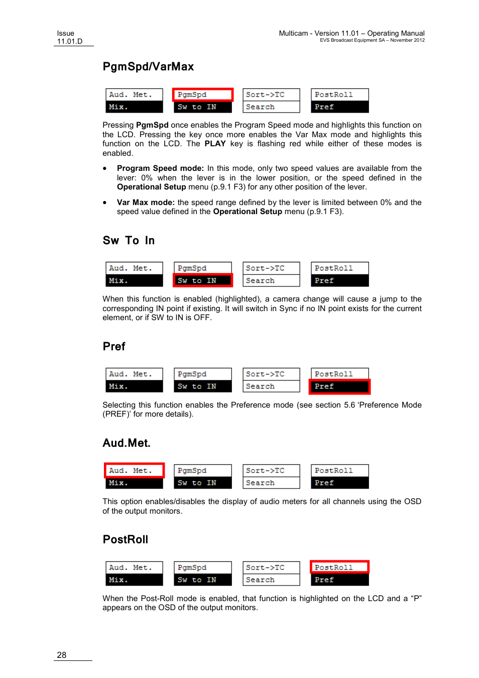 Pgmspd/varmax, Sw to in, Pref | Aud.met, Postroll | EVS XT3 MulticamLSM Version 11.01 - November 2012 Operation Manual User Manual | Page 38 / 209