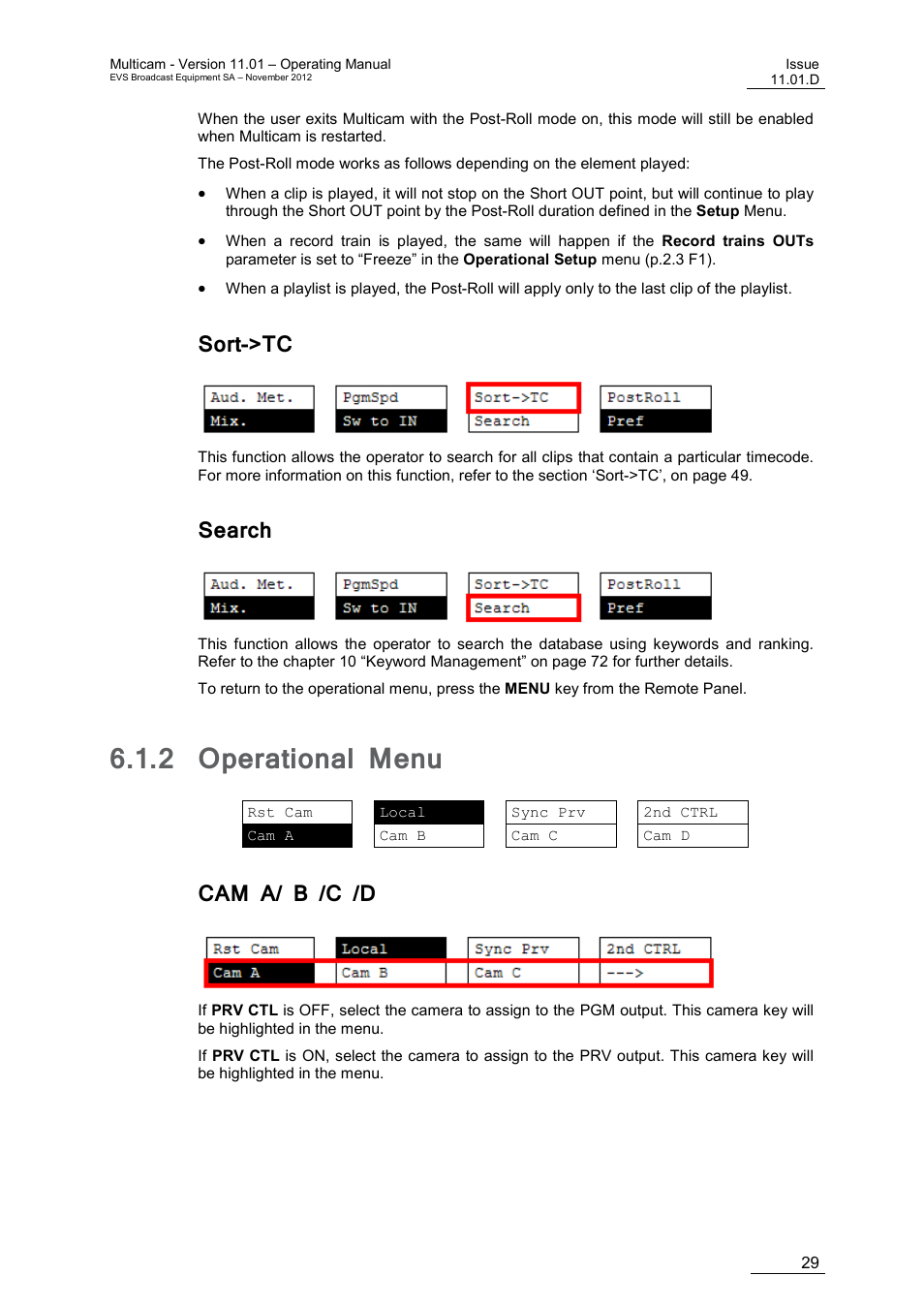 Sort->tc, Search, 2 operational menu | Cam a/ b /c /d, Operational menu | EVS XT3 MulticamLSM Version 11.01 - November 2012 Operation Manual User Manual | Page 39 / 209