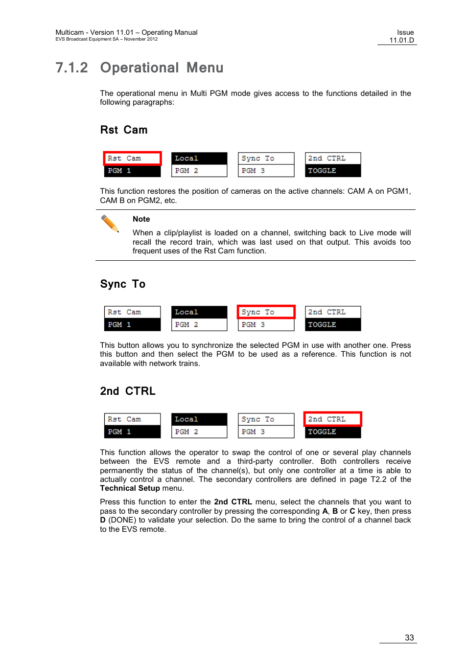 2 operational menu, Rst cam, Sync to | 2nd ctrl, Operational menu | EVS XT3 MulticamLSM Version 11.01 - November 2012 Operation Manual User Manual | Page 43 / 209
