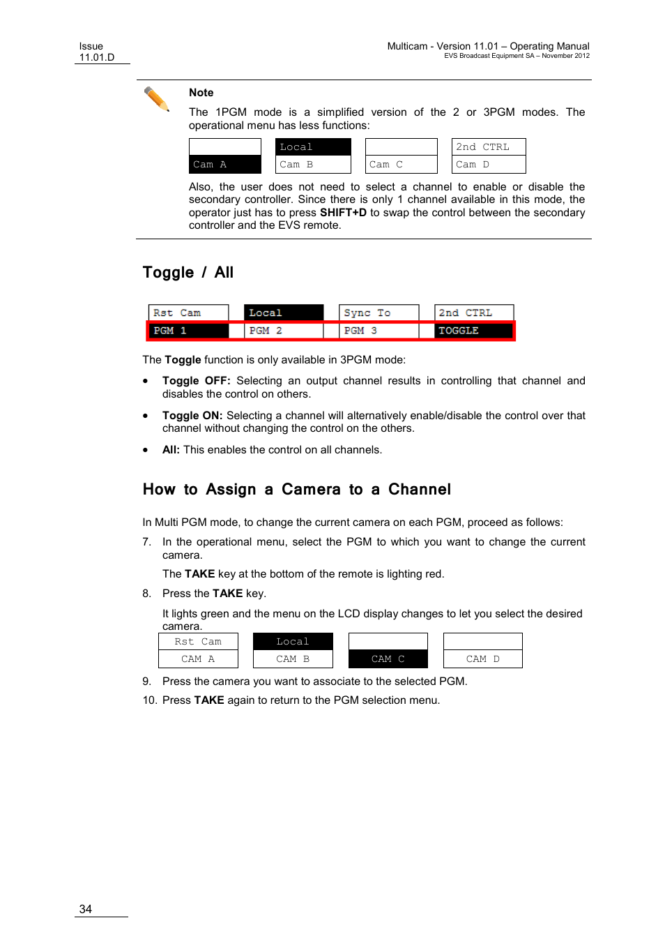 Toggle / all, How to assign a camera to a channel | EVS XT3 MulticamLSM Version 11.01 - November 2012 Operation Manual User Manual | Page 44 / 209