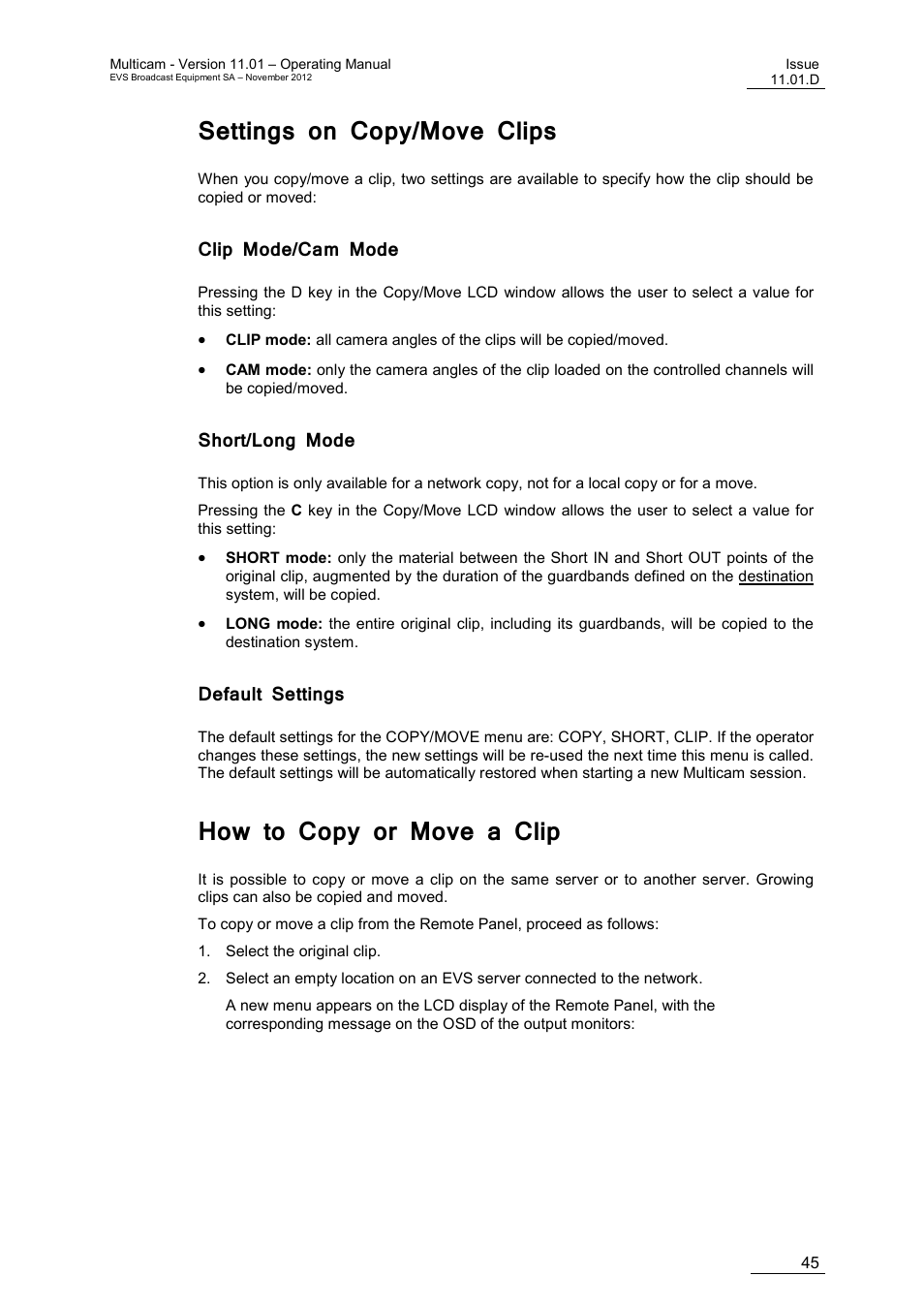 Settings on copy/move clips, Clip mode/cam mode, Short/long mode | Default settings, How to copy or move a clip | EVS XT3 MulticamLSM Version 11.01 - November 2012 Operation Manual User Manual | Page 55 / 209