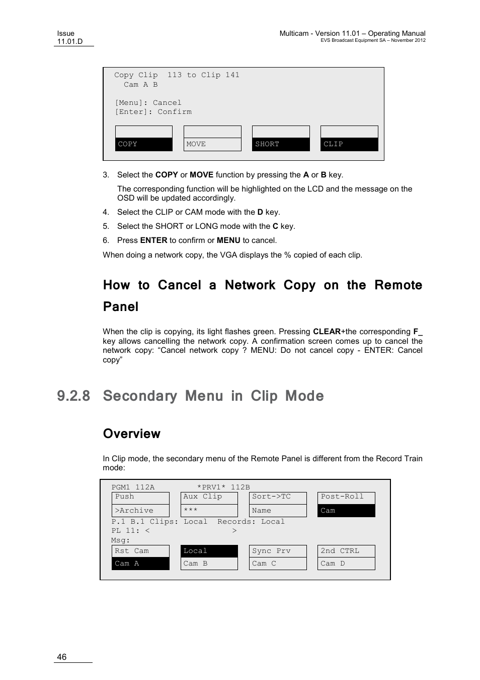 How to cancel a network copy on the remote panel, 8 secondary menu in clip mode, Overview | Secondary menu in clip mode | EVS XT3 MulticamLSM Version 11.01 - November 2012 Operation Manual User Manual | Page 56 / 209