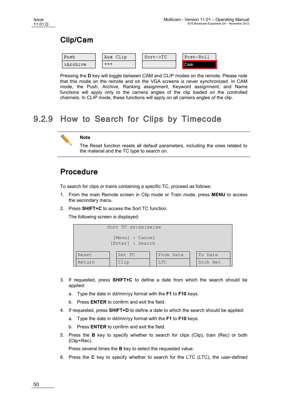 Clip/cam, 9 how to search for clips by timecode, Procedure | How to search for clips by timecode, On 9.2.9, Ge 50 | EVS XT3 MulticamLSM Version 11.01 - November 2012 Operation Manual User Manual | Page 60 / 209