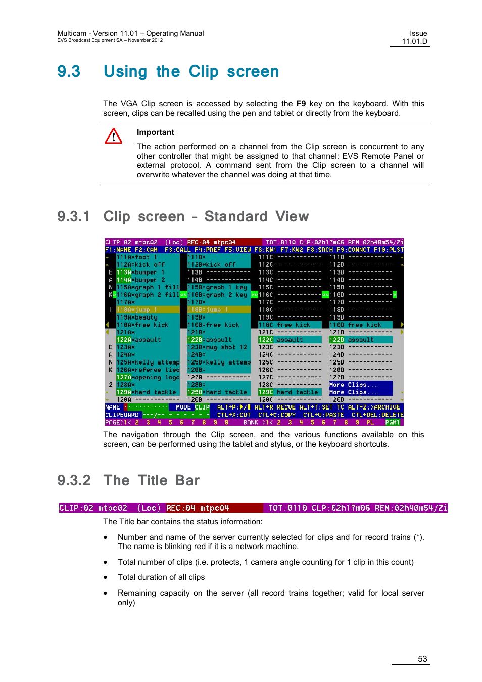 3 using the clip screen, 1 clip screen – standard view, 2 the title bar | Clip screen – standard view, The title bar | EVS XT3 MulticamLSM Version 11.01 - November 2012 Operation Manual User Manual | Page 63 / 209