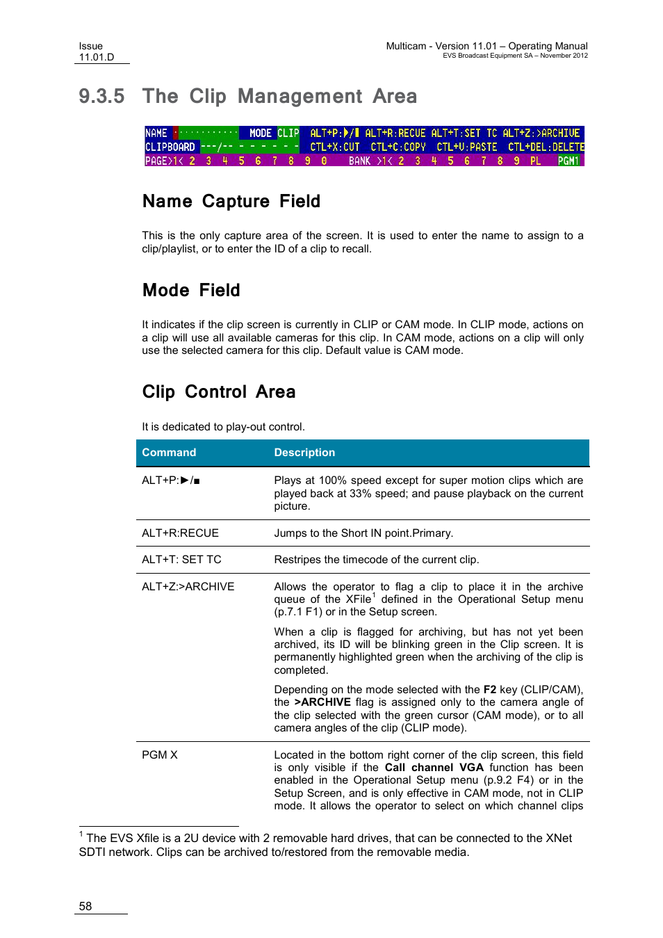 5 the clip management area, Name capture field, Mode field | Clip control area, The clip management area | EVS XT3 MulticamLSM Version 11.01 - November 2012 Operation Manual User Manual | Page 68 / 209