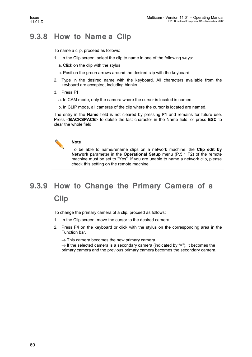 8 how to name a clip, 9 how to change the primary camera of a clip, How to name a clip | How to change the primary camera of a clip, N 9.3.8 ‘how to name a clip, Ge 60, On 9.3.9 ‘how to change the primary camera, Of a clip, E 60 | EVS XT3 MulticamLSM Version 11.01 - November 2012 Operation Manual User Manual | Page 70 / 209