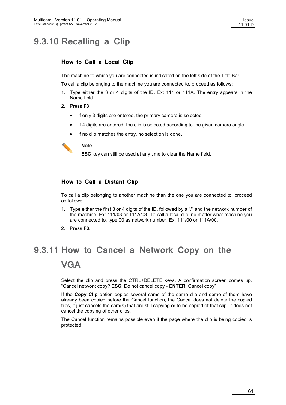 10 recalling a clip, How to call a local clip, How to call a distant clip | 11 how to cancel a network copy on the vga, Recalling a clip, How to cancel a network copy on the vga | EVS XT3 MulticamLSM Version 11.01 - November 2012 Operation Manual User Manual | Page 71 / 209