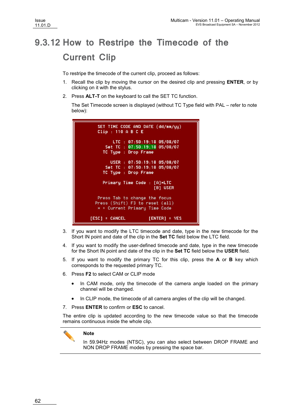 How to restripe the timecode of the current clip, E 62 | EVS XT3 MulticamLSM Version 11.01 - November 2012 Operation Manual User Manual | Page 72 / 209