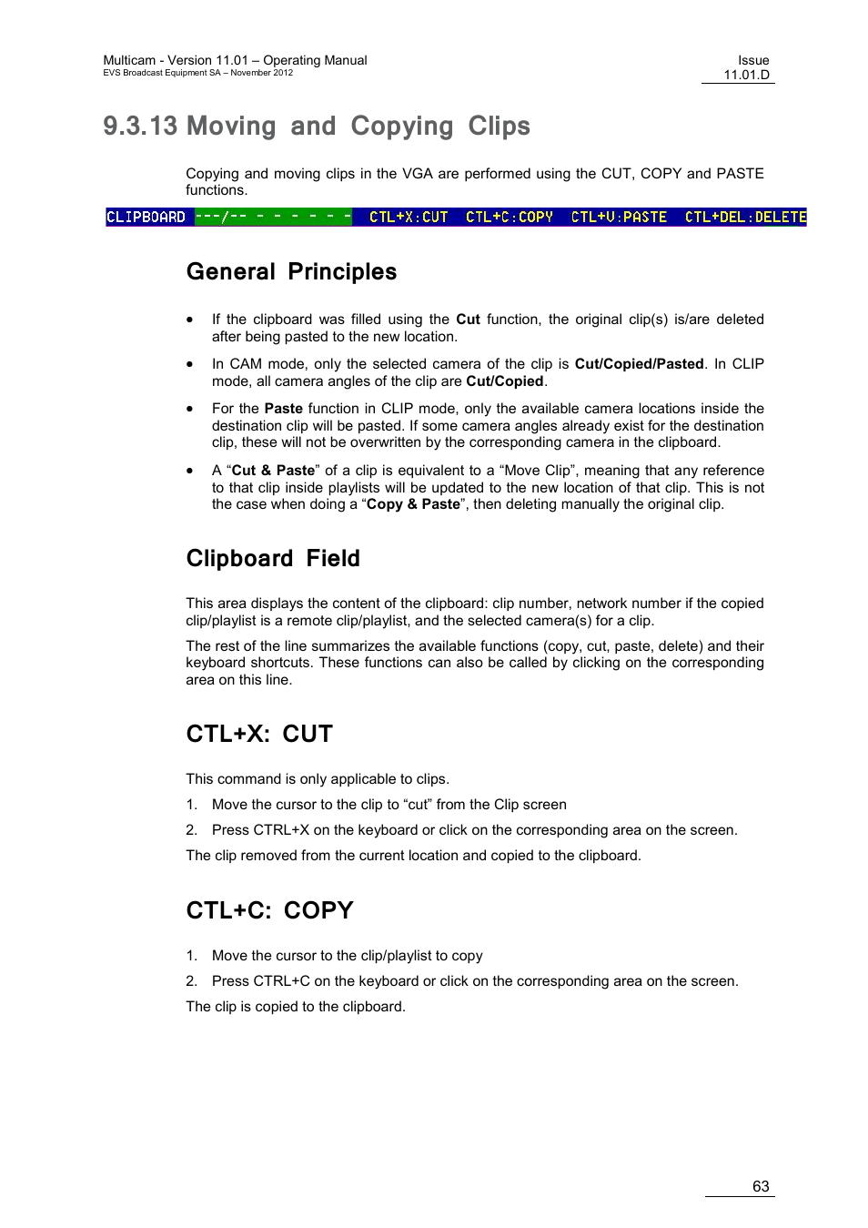 13 moving and copying clips, General principles, Clipboard field | Ctl+x: cut, Ctl+c: copy, Moving and copying clips | EVS XT3 MulticamLSM Version 11.01 - November 2012 Operation Manual User Manual | Page 73 / 209