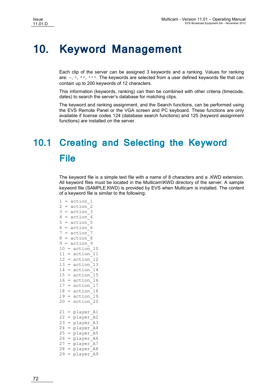 Keyword management, 1 creating and selecting the keyword file, Eyword | Anagement, 10 “keyword management, Ge 72, 10 ‘keyword, Management, E 72, 10 ‘keyword management | EVS XT3 MulticamLSM Version 11.01 - November 2012 Operation Manual User Manual | Page 82 / 209