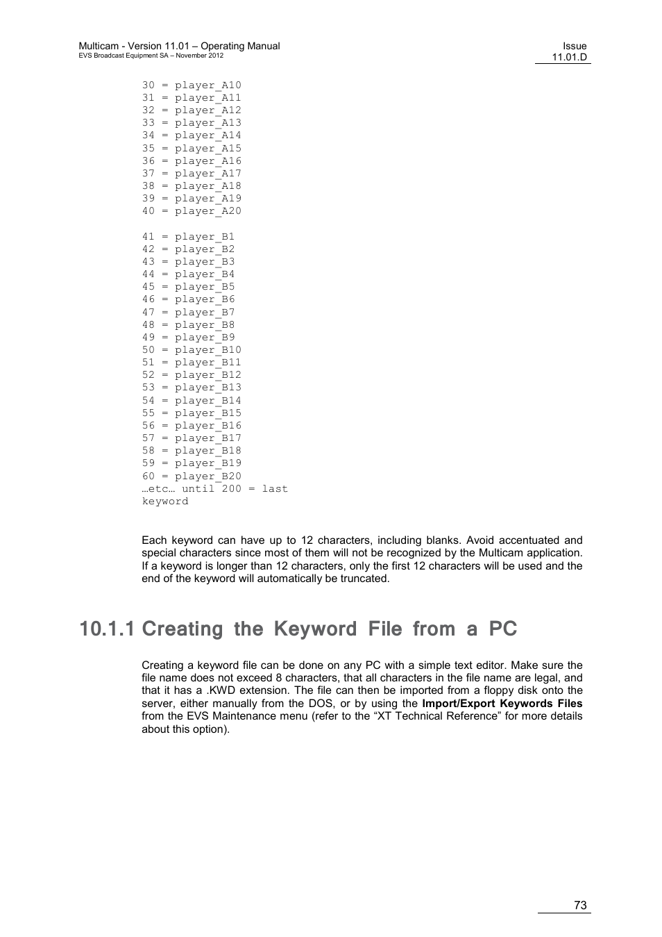 1 creating the keyword file from a pc, Creating the keyword file from a pc | EVS XT3 MulticamLSM Version 11.01 - November 2012 Operation Manual User Manual | Page 83 / 209