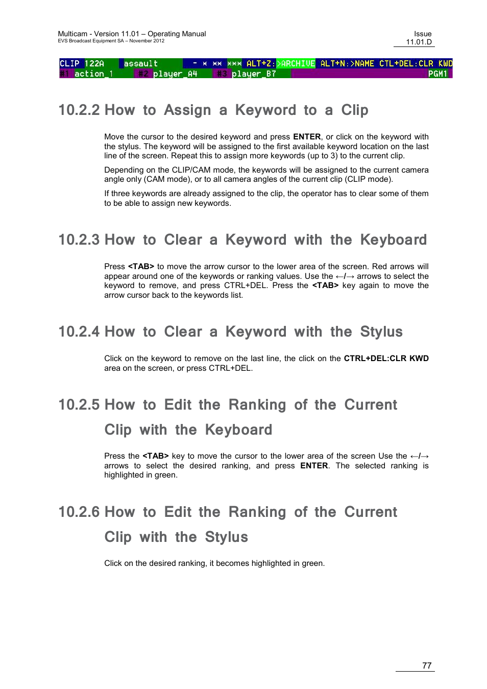 2 how to assign a keyword to a clip, 3 how to clear a keyword with the keyboard, 4 how to clear a keyword with the stylus | How to assign a keyword to a clip, How to clear a keyword with the keyboard, How to clear a keyword with the stylus | EVS XT3 MulticamLSM Version 11.01 - November 2012 Operation Manual User Manual | Page 87 / 209