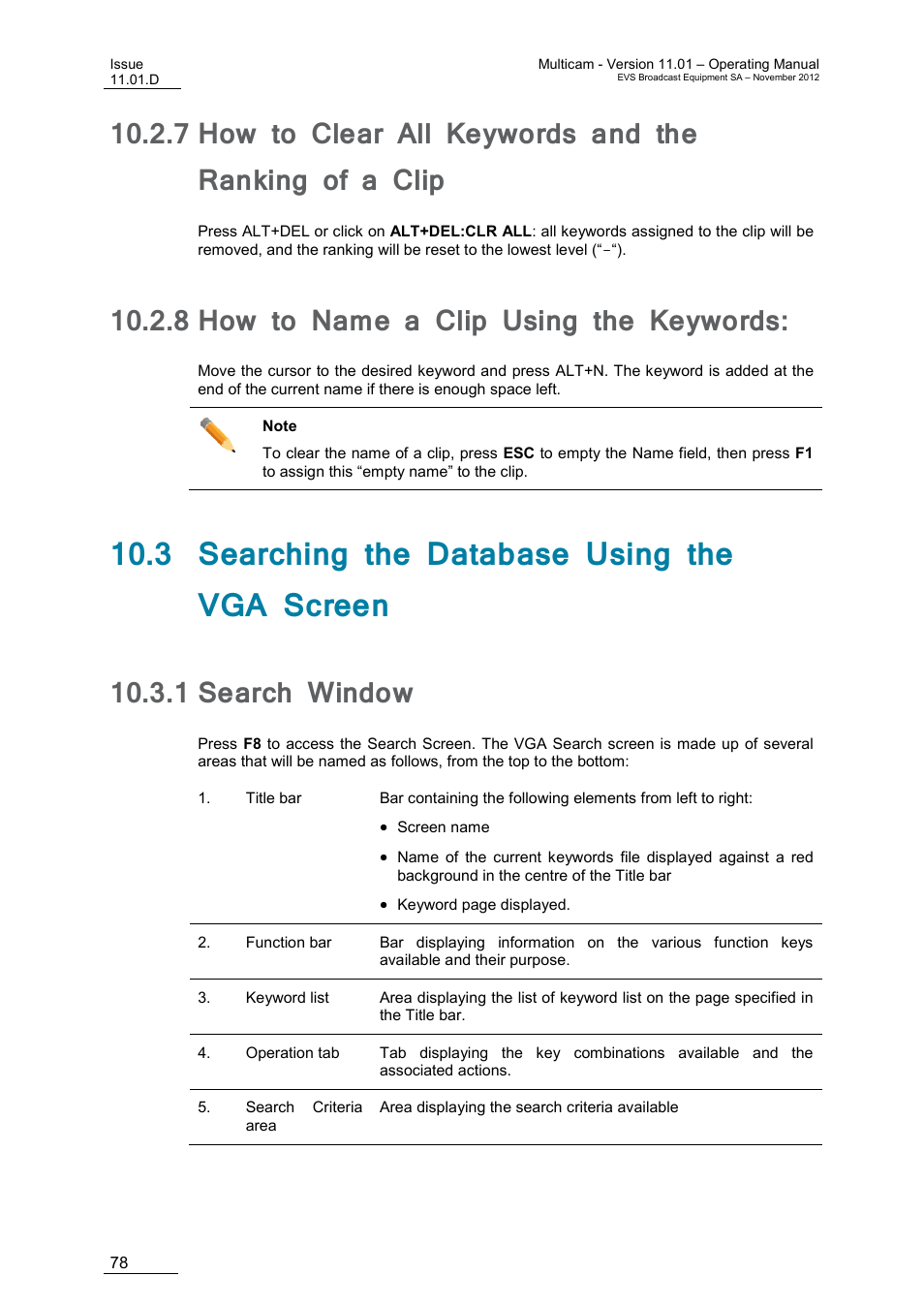 8 how to name a clip using the keywords, 3 searching the database using the vga screen, 1 search window | How to name a clip using the keywords, Search window | EVS XT3 MulticamLSM Version 11.01 - November 2012 Operation Manual User Manual | Page 88 / 209