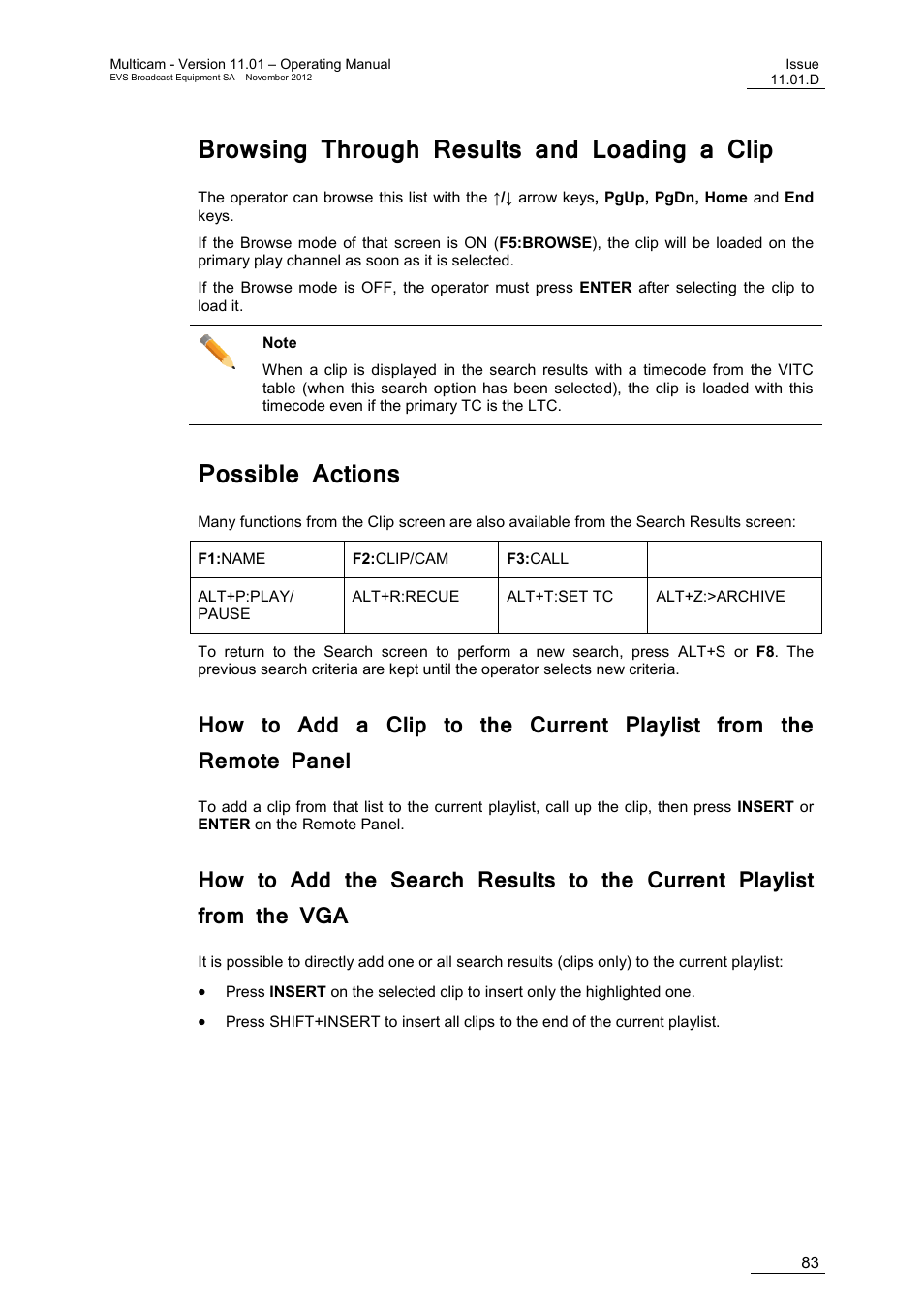 Browsing through results and loading a clip, Possible actions | EVS XT3 MulticamLSM Version 11.01 - November 2012 Operation Manual User Manual | Page 93 / 209