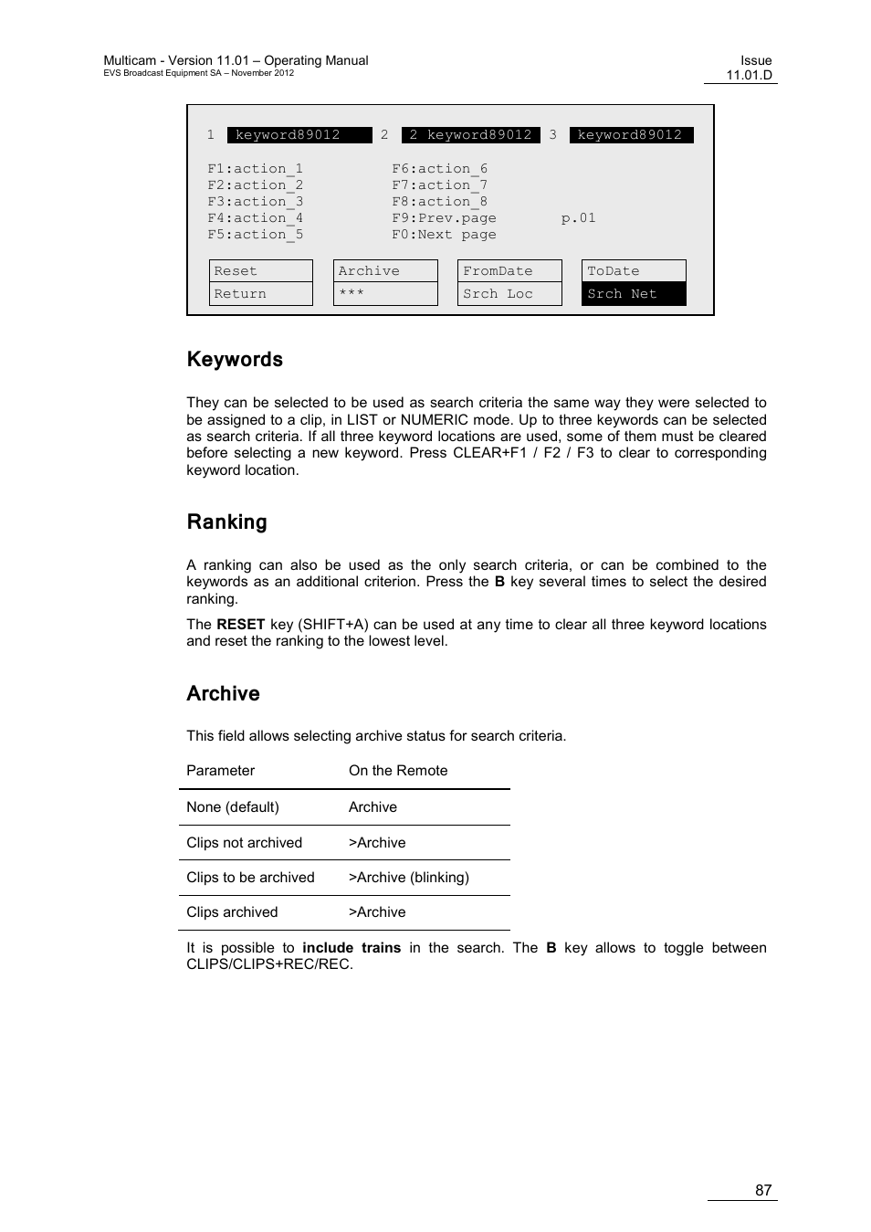 Keywords, Ranking, Archive | EVS XT3 MulticamLSM Version 11.01 - November 2012 Operation Manual User Manual | Page 97 / 209