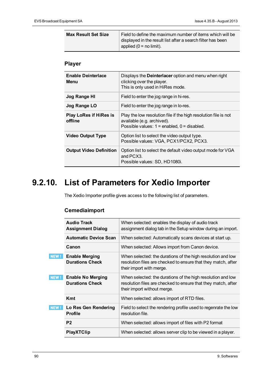List of parameters for xedio importer | EVS XEDIO Manager Version 4.35 - August 2013 User Manual User Manual | Page 100 / 142