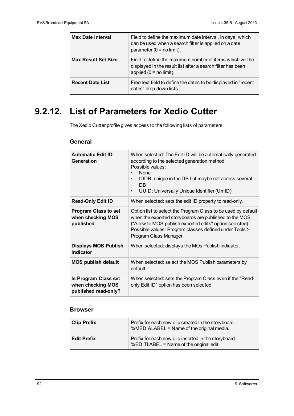 List of parameters for xedio cutter | EVS XEDIO Manager Version 4.35 - August 2013 User Manual User Manual | Page 102 / 142