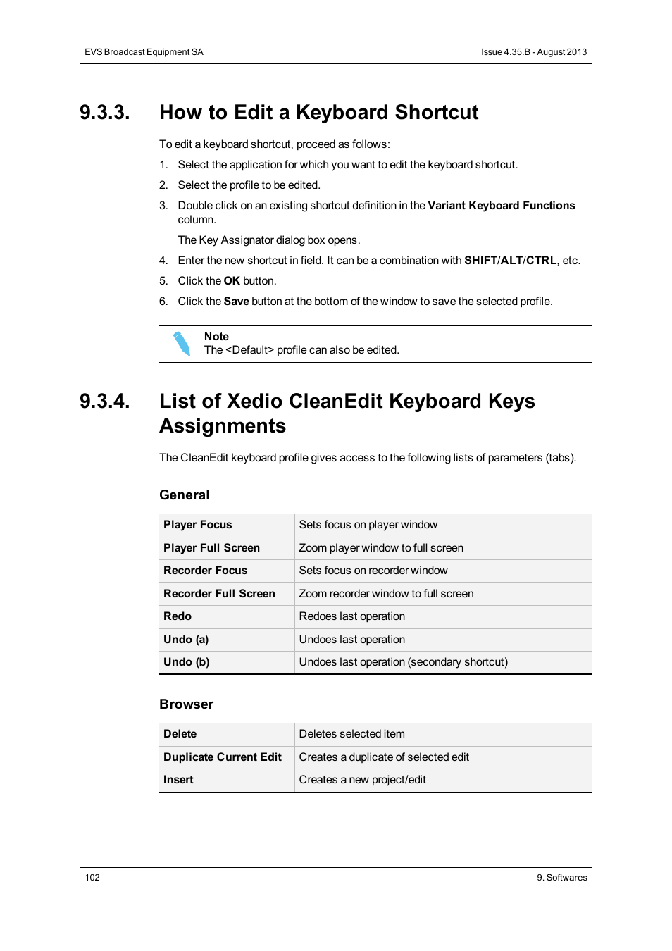 How to edit a keyboard shortcut, List of xedio cleanedit keyboard keys assignments | EVS XEDIO Manager Version 4.35 - August 2013 User Manual User Manual | Page 112 / 142