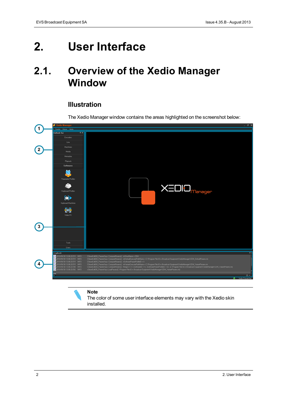 User interface, Overview of the xedio manager window | EVS XEDIO Manager Version 4.35 - August 2013 User Manual User Manual | Page 12 / 142