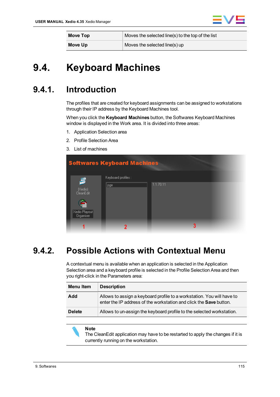 Keyboard machines, Introduction, Possible actions with contextual menu | EVS XEDIO Manager Version 4.35 - August 2013 User Manual User Manual | Page 125 / 142