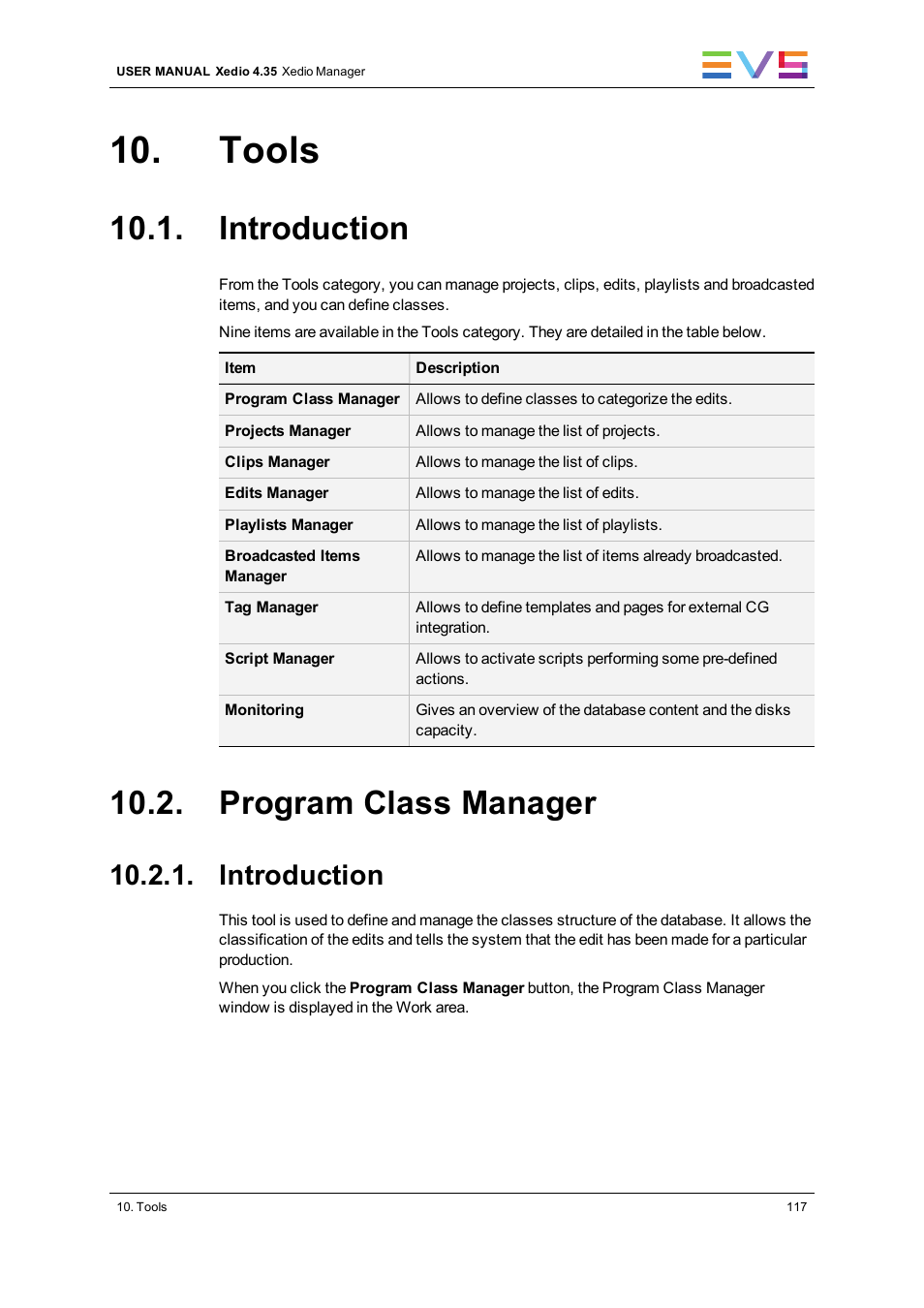 Tools, Introduction, Program class manager | EVS XEDIO Manager Version 4.35 - August 2013 User Manual User Manual | Page 127 / 142