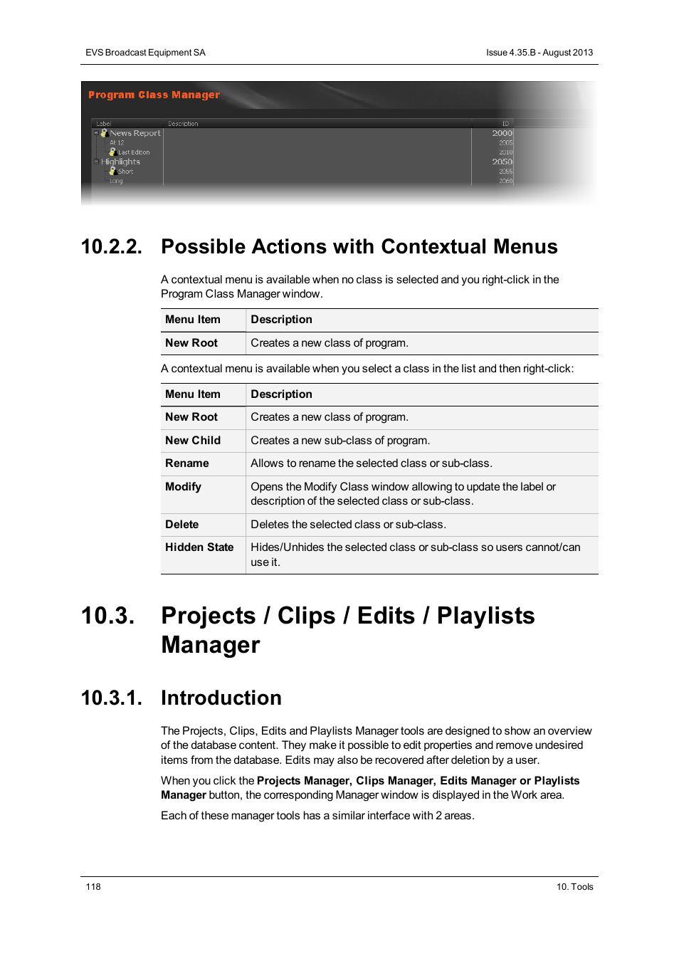 Possible actions with contextual menus, Projects / clips / edits / playlists manager, Introduction | EVS XEDIO Manager Version 4.35 - August 2013 User Manual User Manual | Page 128 / 142