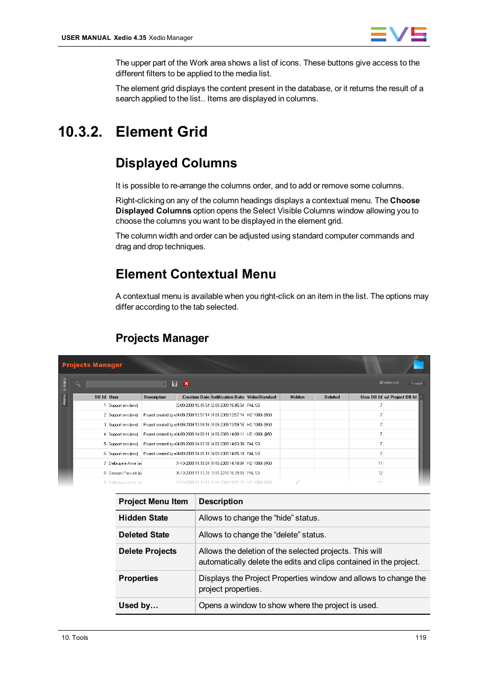 Element grid, Displayed columns, Element contextual menu | Projects manager | EVS XEDIO Manager Version 4.35 - August 2013 User Manual User Manual | Page 129 / 142