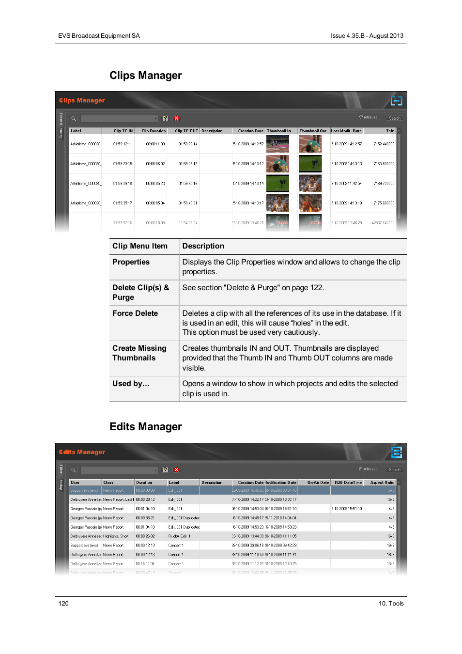 Clips manager, Edits manager | EVS XEDIO Manager Version 4.35 - August 2013 User Manual User Manual | Page 130 / 142