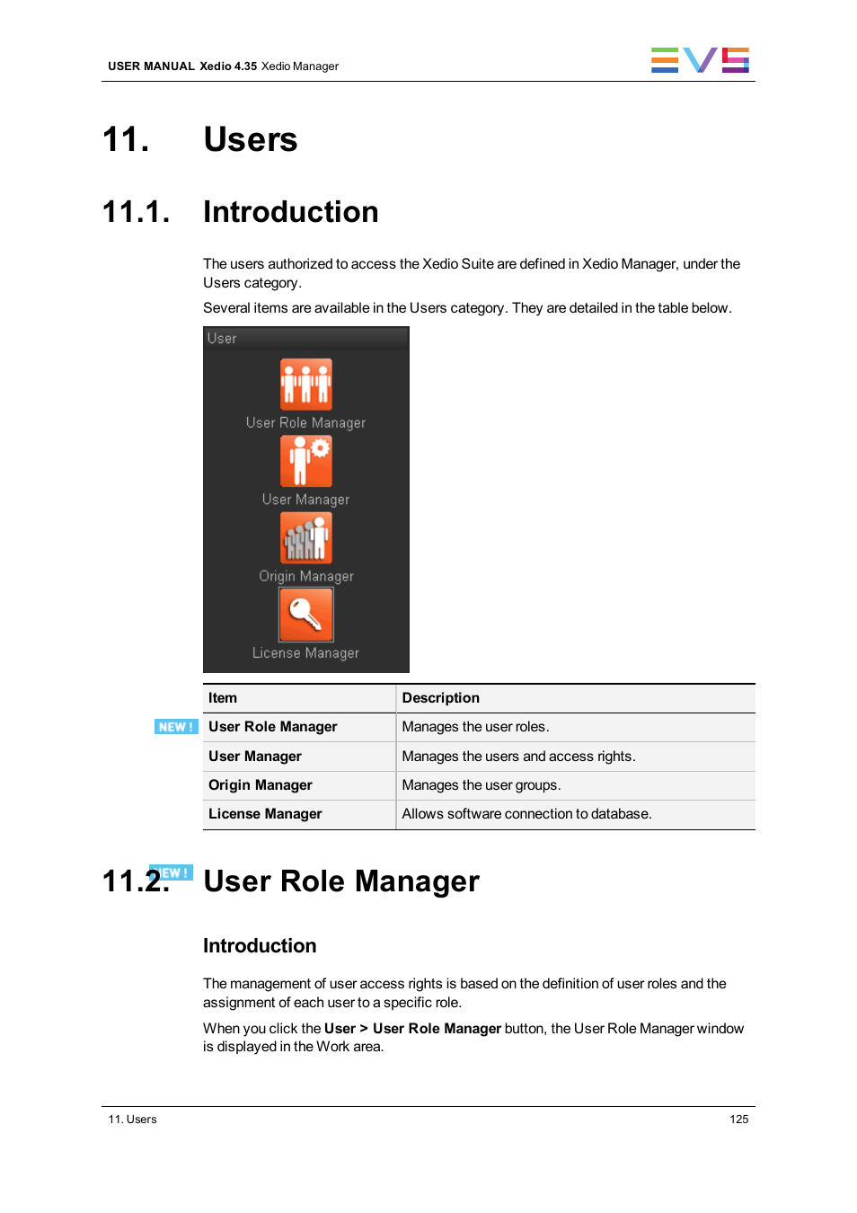 Users, Introduction, User role manager | EVS XEDIO Manager Version 4.35 - August 2013 User Manual User Manual | Page 135 / 142