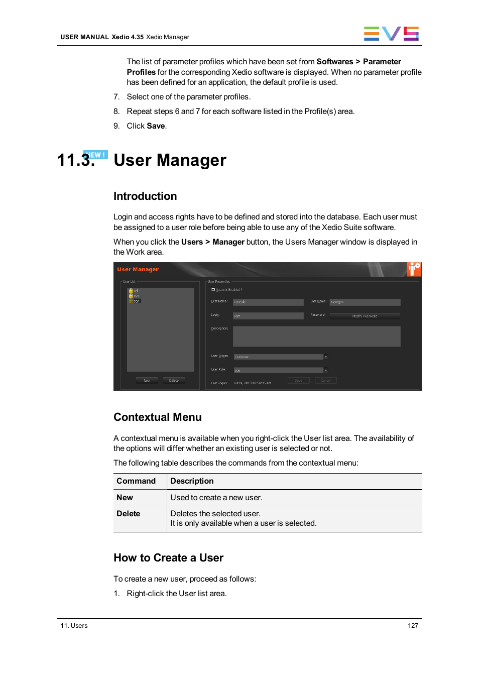 User manager, Introduction, Contextual menu | How to create a user | EVS XEDIO Manager Version 4.35 - August 2013 User Manual User Manual | Page 137 / 142