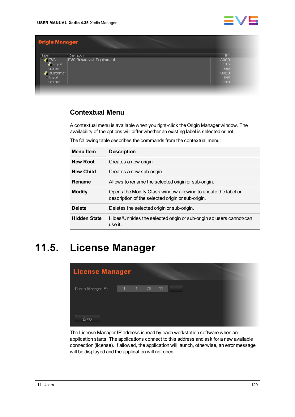 License manager, Contextual menu | EVS XEDIO Manager Version 4.35 - August 2013 User Manual User Manual | Page 139 / 142