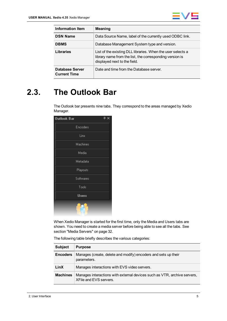 The outlook bar | EVS XEDIO Manager Version 4.35 - August 2013 User Manual User Manual | Page 15 / 142