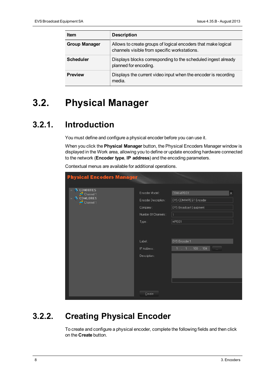 Physical manager, Introduction, Creating physical encoder | EVS XEDIO Manager Version 4.35 - August 2013 User Manual User Manual | Page 18 / 142
