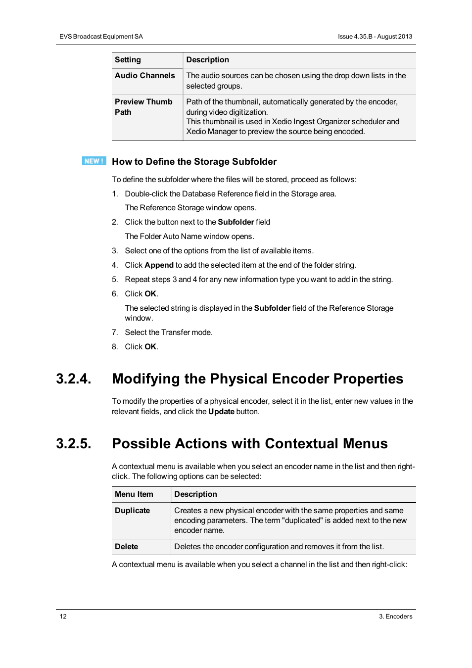 Modifying the physical encoder properties, Possible actions with contextual menus | EVS XEDIO Manager Version 4.35 - August 2013 User Manual User Manual | Page 22 / 142