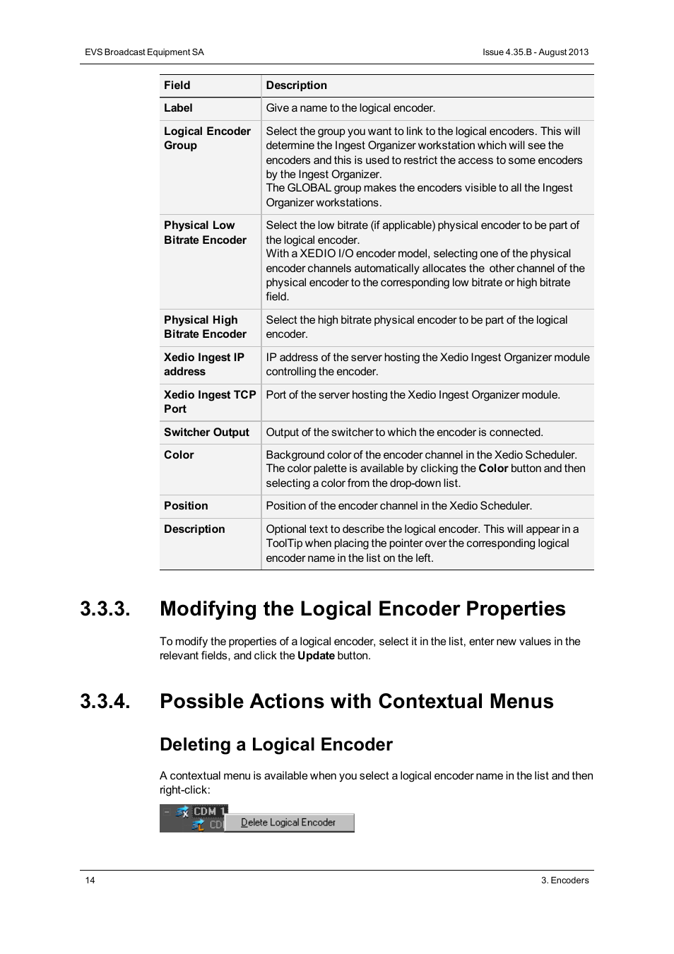 Modifying the logical encoder properties, Possible actions with contextual menus, Deleting a logical encoder | EVS XEDIO Manager Version 4.35 - August 2013 User Manual User Manual | Page 24 / 142