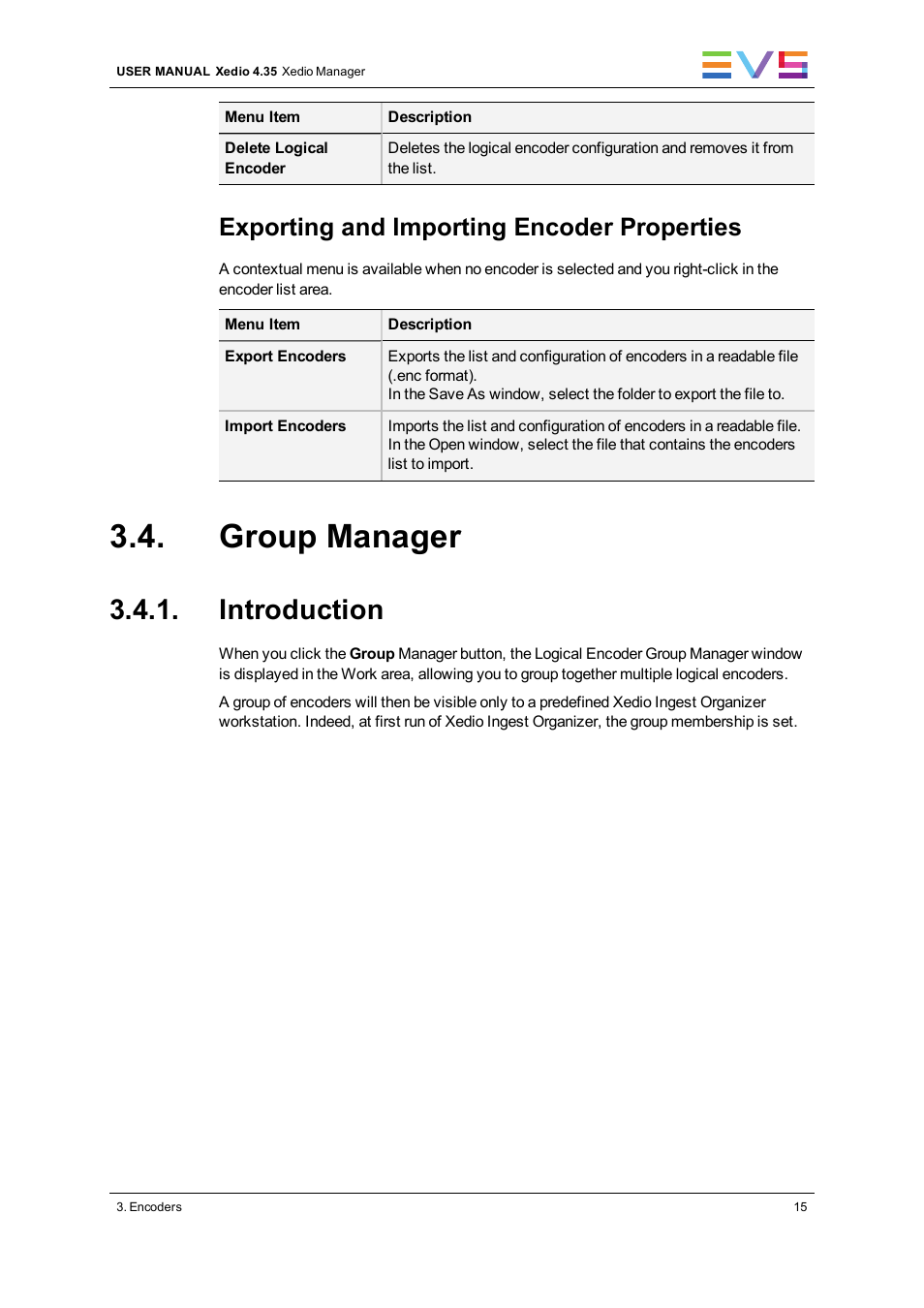 Group manager, Introduction, Exporting and importing encoder properties | EVS XEDIO Manager Version 4.35 - August 2013 User Manual User Manual | Page 25 / 142