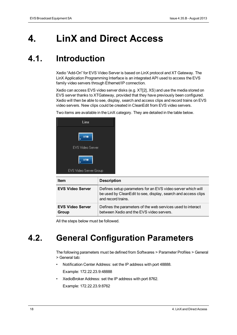 Linx and direct access, Introduction, General configuration parameters | EVS XEDIO Manager Version 4.35 - August 2013 User Manual User Manual | Page 28 / 142