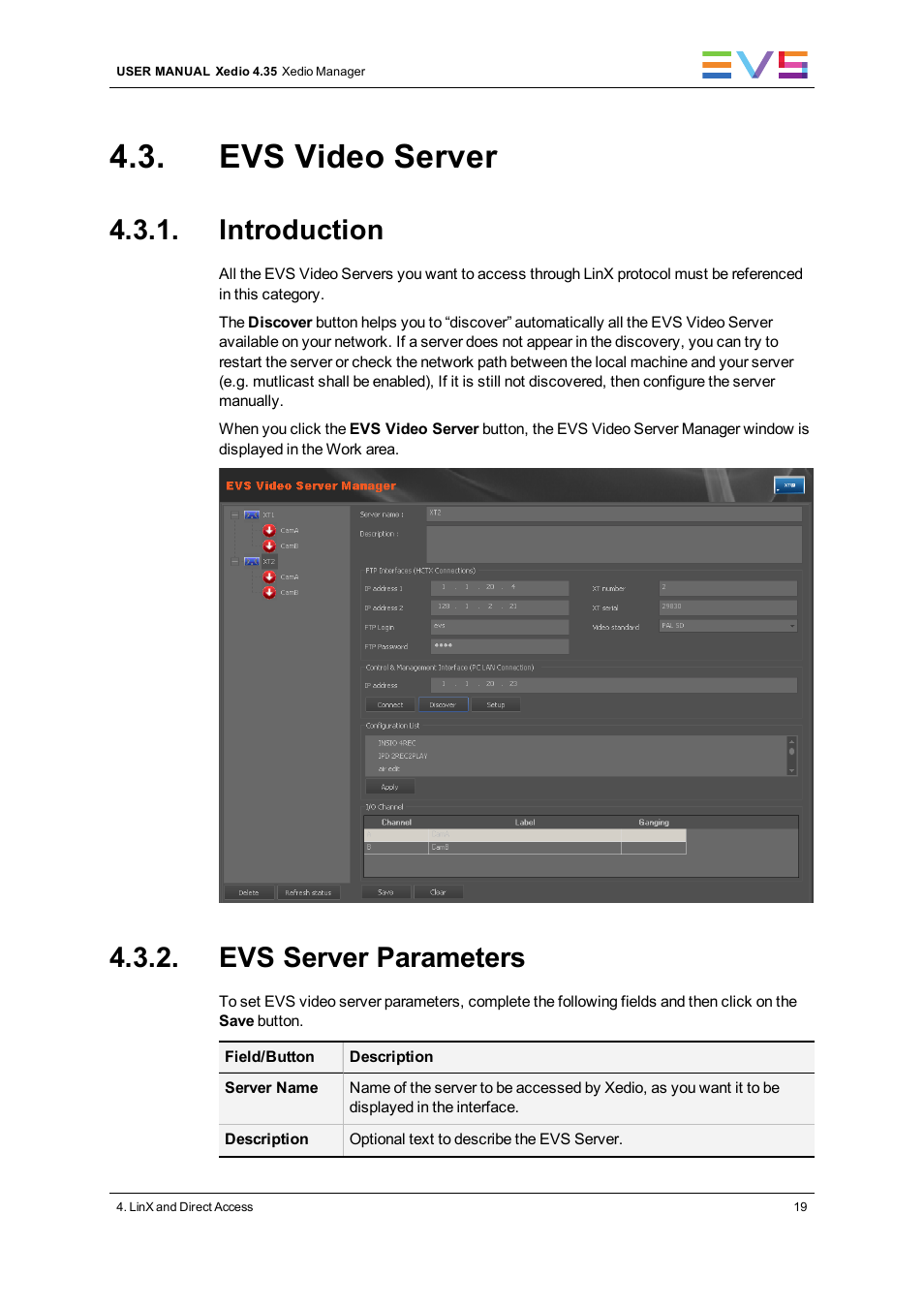Evs video server, Introduction, Evs server parameters | EVS XEDIO Manager Version 4.35 - August 2013 User Manual User Manual | Page 29 / 142