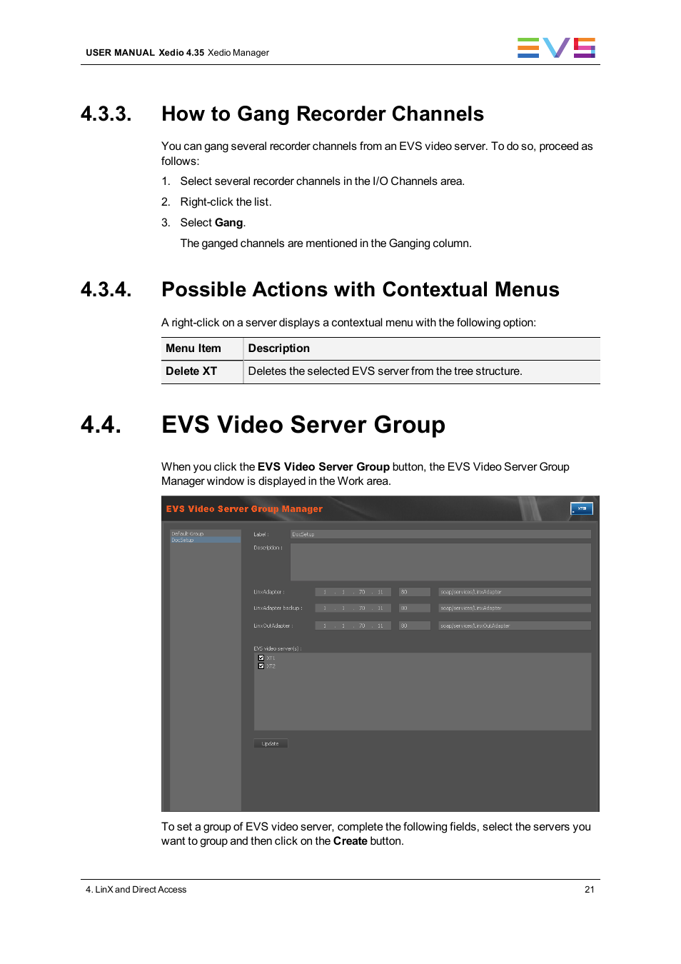 How to gang recorder channels, Possible actions with contextual menus, Evs video server group | EVS XEDIO Manager Version 4.35 - August 2013 User Manual User Manual | Page 31 / 142