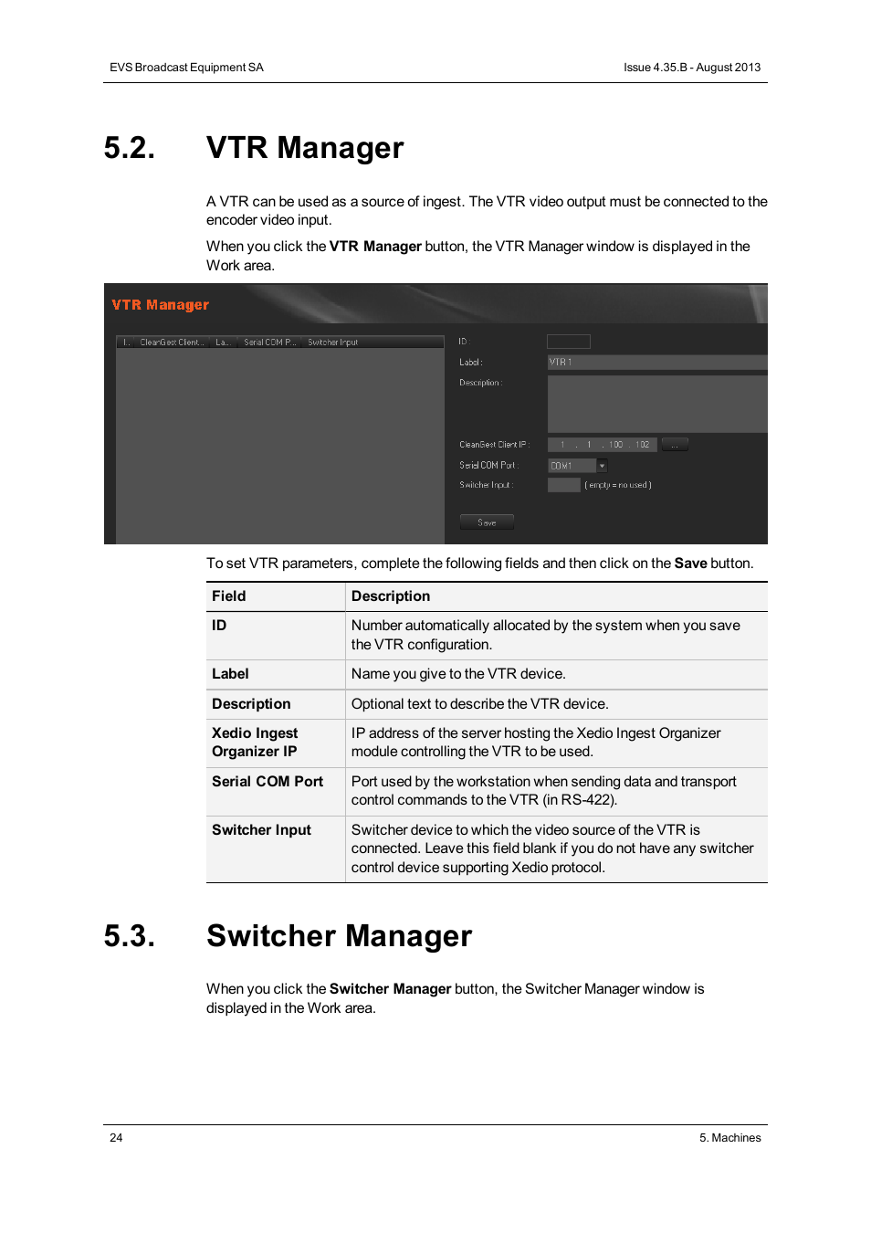 Vtr manager, Switcher manager | EVS XEDIO Manager Version 4.35 - August 2013 User Manual User Manual | Page 34 / 142