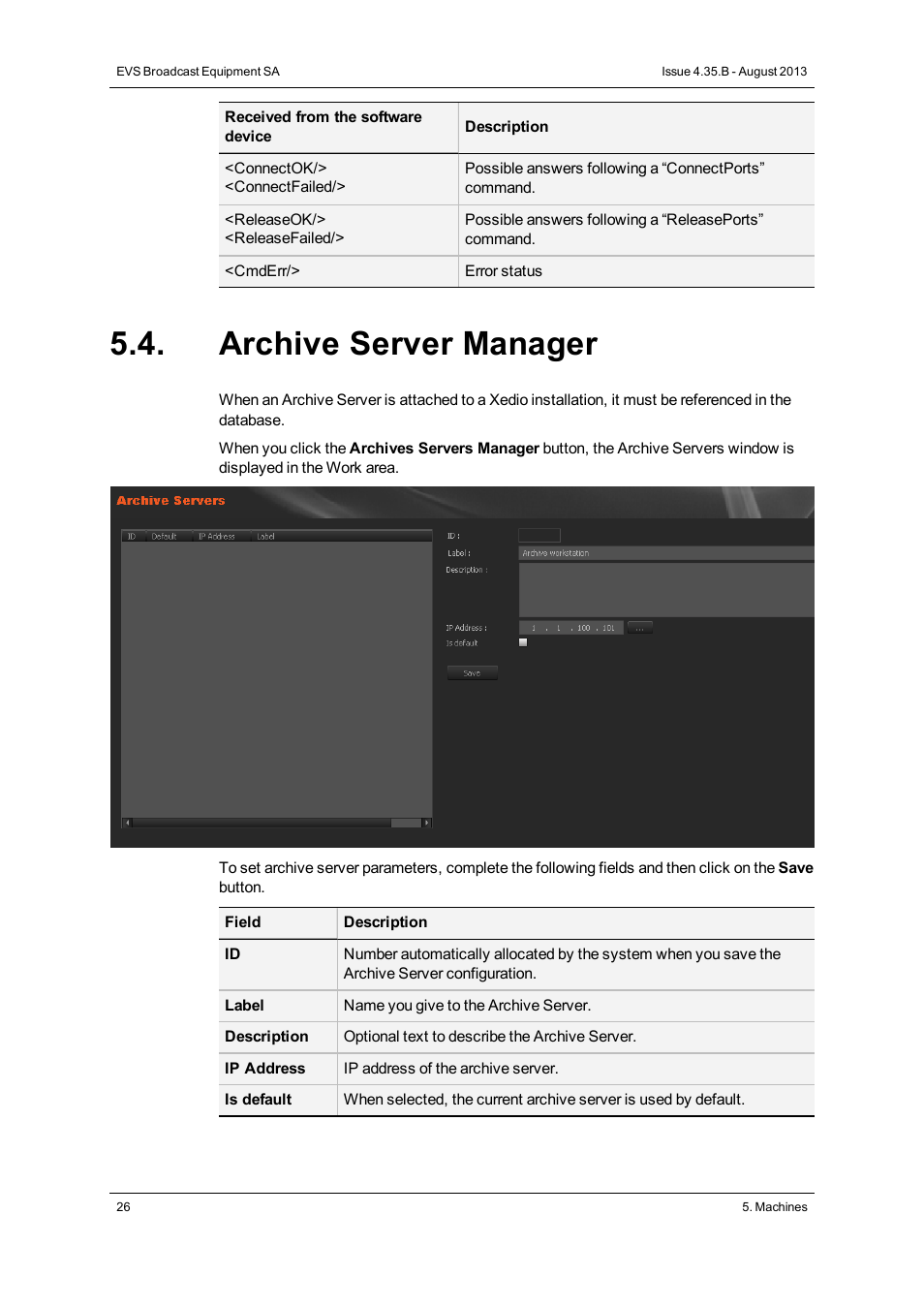 Archive server manager | EVS XEDIO Manager Version 4.35 - August 2013 User Manual User Manual | Page 36 / 142