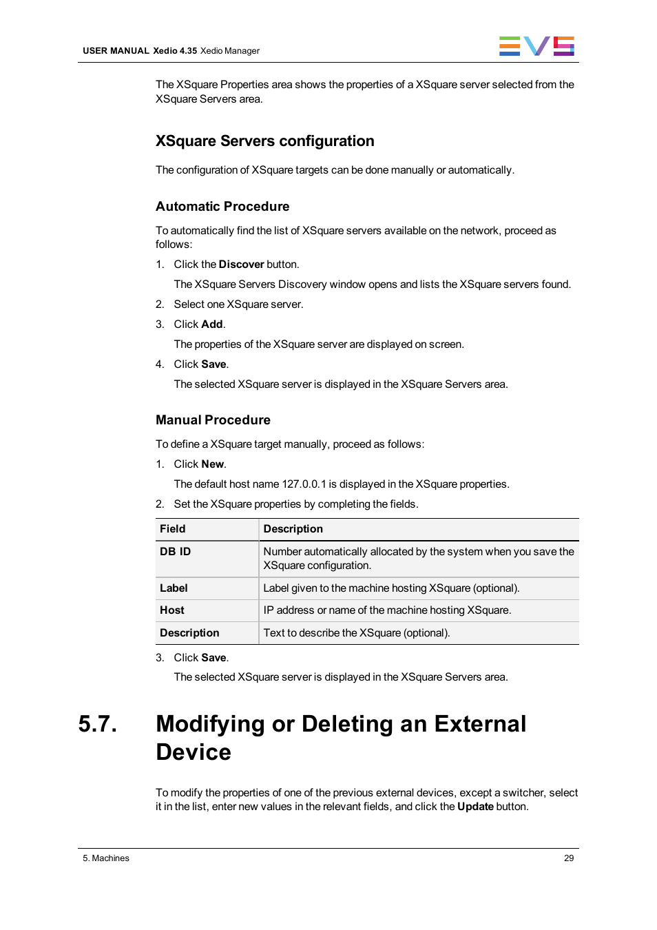 Modifying or deleting an external device, Xsquare servers configuration | EVS XEDIO Manager Version 4.35 - August 2013 User Manual User Manual | Page 39 / 142