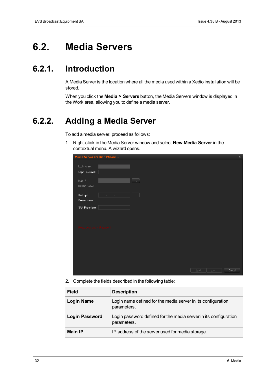 Media servers, Introduction, Adding a media server | EVS XEDIO Manager Version 4.35 - August 2013 User Manual User Manual | Page 42 / 142