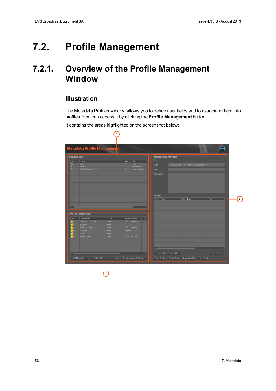 Profile management, Overview of the profile management window | EVS XEDIO Manager Version 4.35 - August 2013 User Manual User Manual | Page 66 / 142